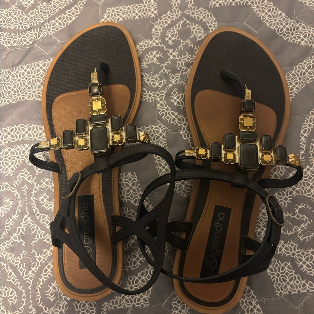 Grendha Black and Gold Women's Sandals